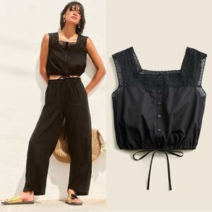 NWT J CREW Lace-trim cropped top in black